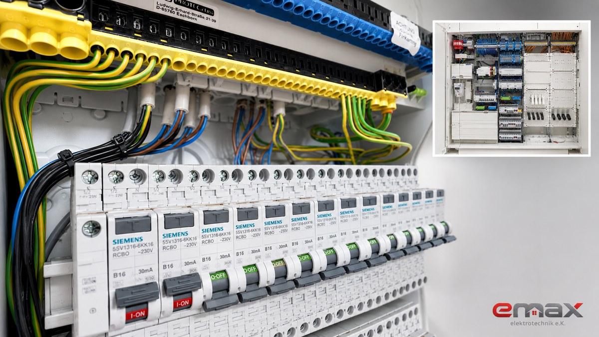 Detailansichten einer elektrischen Verteilung mit Schutzschaltern und Verdrahtung